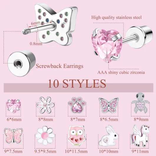10 Pairs Cute Screw Back Earrings for Women Girls Stainless Steel Multicolored Heart Flower Butterfly Rainbow CZ Stud Earrings Hypoallergenic Screwback Stud Earring Style A