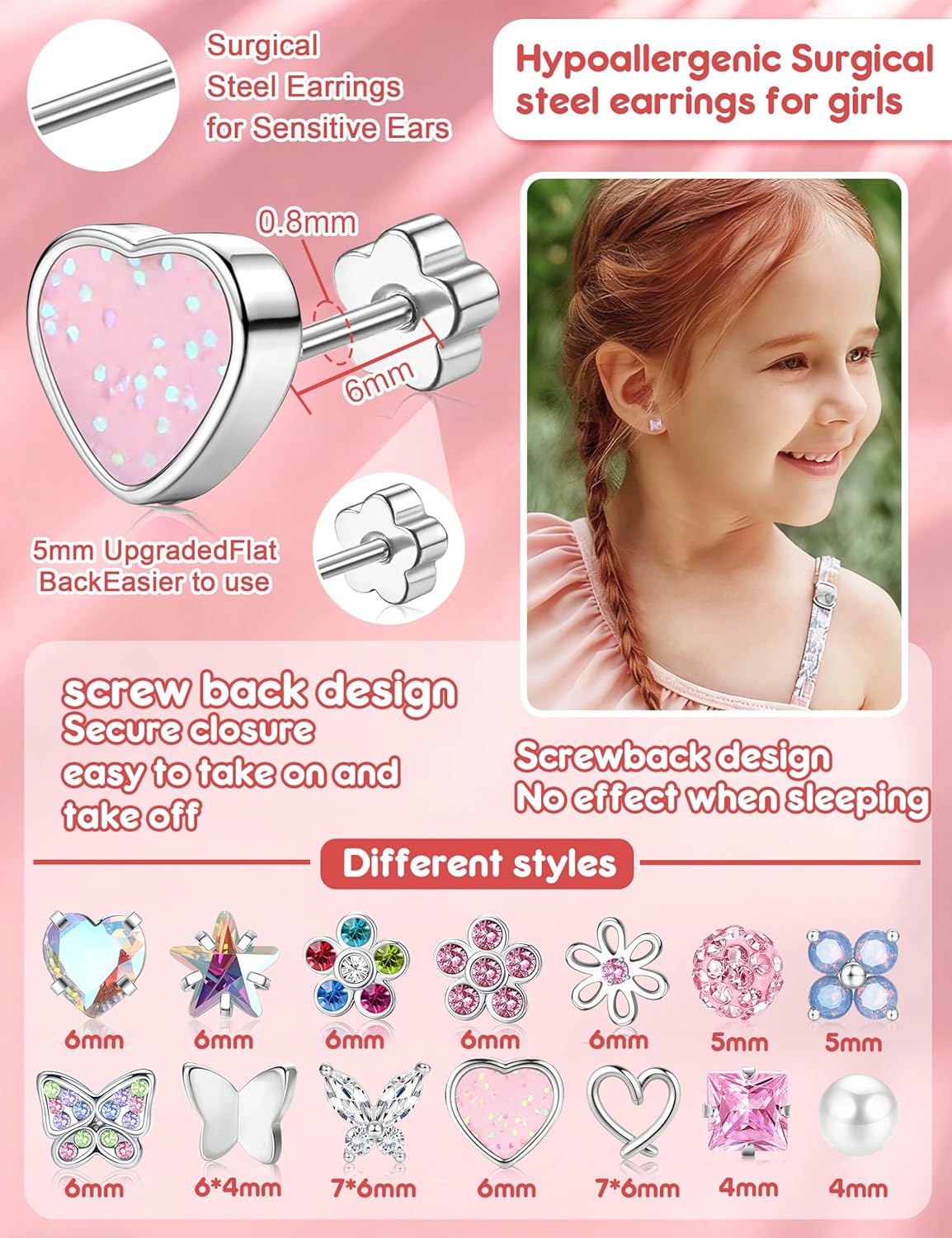 14Pairs Flat Back Stud Earrings for Women Girls Hypoallergenic Surgical Steel Earrings for Sensitive Ears Screw Back Stud Earring Set Cute Kids Toddler Sleeper Earring Jewellry Flower Back