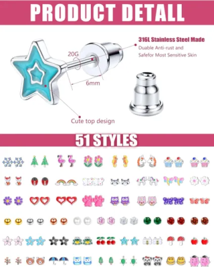51Pairs Kids Earrings for Girls Children Cute Small Stud Earrings Set With Hypoallergenic Stainless Steel Ear Needles, Coloured CZ Animals Flower Fruit Pearls Star Earrings Jewellery Gifts