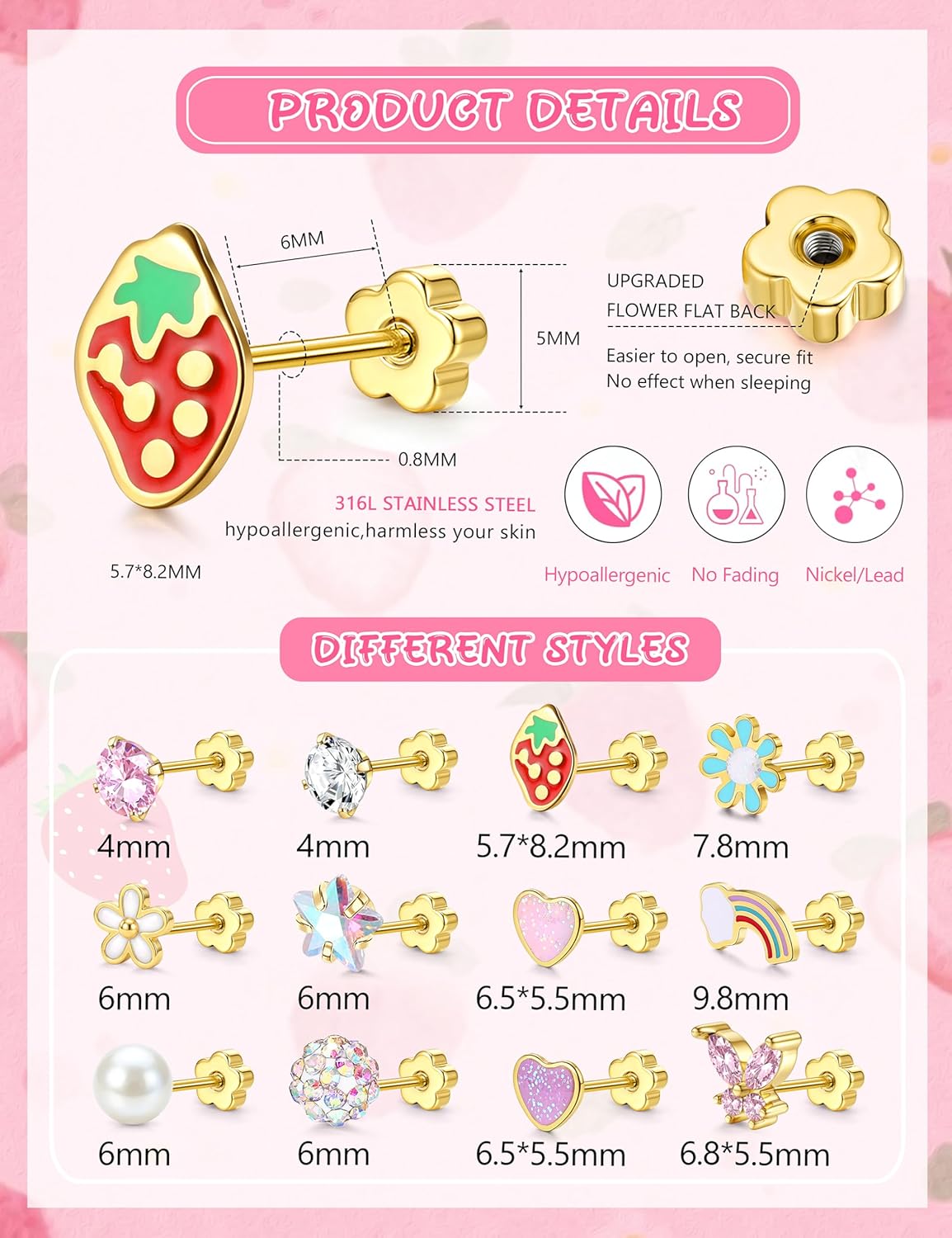 10/12 Pairs Flat Back Earrings Stud Earrings for Women Girls Kids Hypoallergenic Surgical Steel Earring 14K Gold Plated Small Hoop Cute Flower Heart Pearl Screw Back Sleeper Earring Set Flowerback-Gold