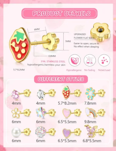 10/12 Pairs Flat Back Earrings Stud Earrings for Women Girls Kids Hypoallergenic Surgical Steel Earring 14K Gold Plated Small Hoop Cute Flower Heart Pearl Screw Back Sleeper Earring Set Flowerback-Gold