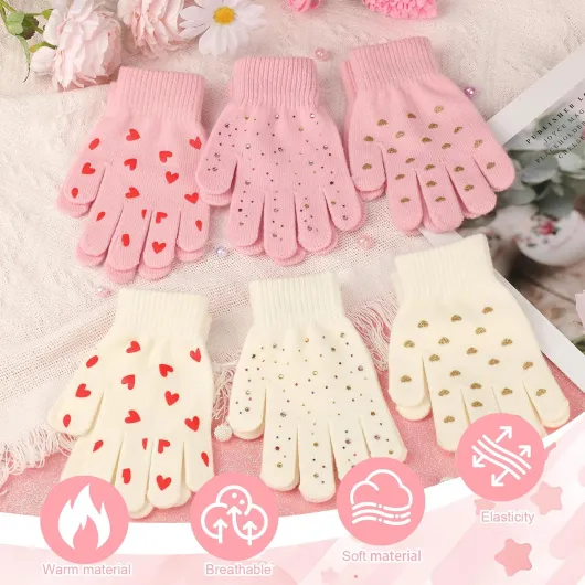 6 Pairs Kids Magic Gloves, Winter Warm Knit Stretchy Full Finger Thermal Gloves with Colorful Rhinestone and Heart Printed for 5-13 Years Old Boys Girls