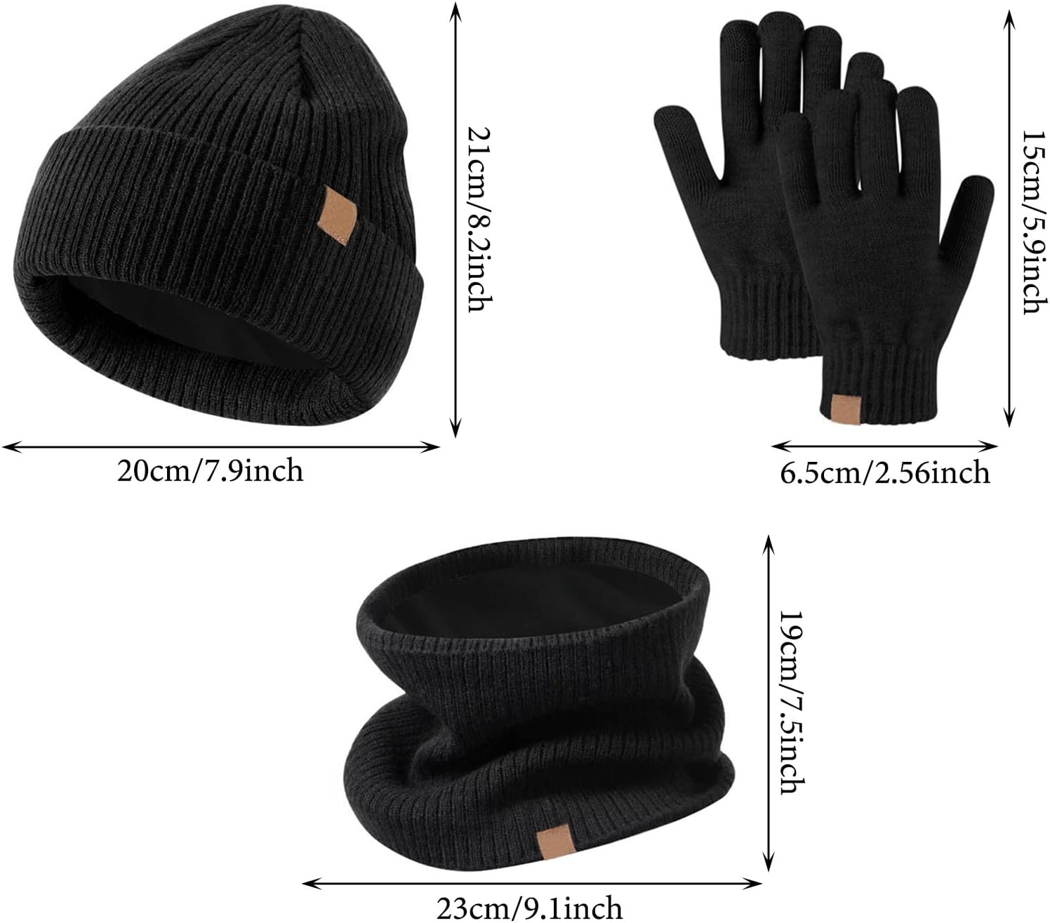 3 PCS Kids Winter Hat Scarf Gloves Set Warm Thermal Knitted Beanie Cap Snood Neck Warmer Touchscreen Mitten Soft Fleece Lining Elastic for Children Aged 5-12 Outdoor Sports Black