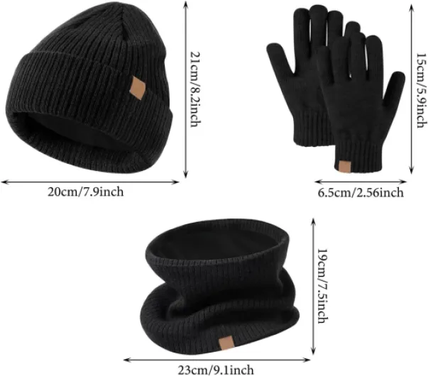 3 PCS Kids Winter Hat Scarf Gloves Set Warm Thermal Knitted Beanie Cap Snood Neck Warmer Touchscreen Mitten Soft Fleece Lining Elastic for Children Aged 5-12 Outdoor Sports Black