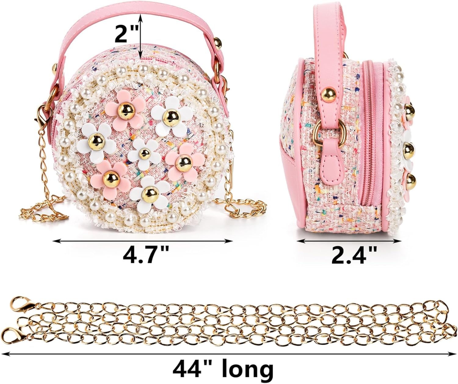 2 Pack Little Girls Purse, Kids Purse Mini Crossbody Bag, Cute Princess Shoulder Handbag Girls Wallets with Chain for Teenagers, Gifts, Birthday, Party, Round, Pearl Flowers Style, Pink, Blue,