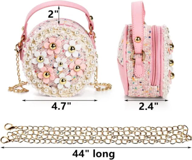 2 Pack Little Girls Purse, Kids Purse Mini Crossbody Bag, Cute Princess Shoulder Handbag Girls Wallets with Chain for Teenagers, Gifts, Birthday, Party, Round, Pearl Flowers Style, Pink, Blue,