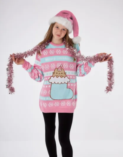 Pusheen Girls Christmas Jumper in Pink - Long Sleeve Graphic Knitted Sweater for Children - Warm The Cat Festive Holiday Long Sleeve Knitwear Top - Pullover Knit Merchandise Gift for Kids 11-12 Years Pink