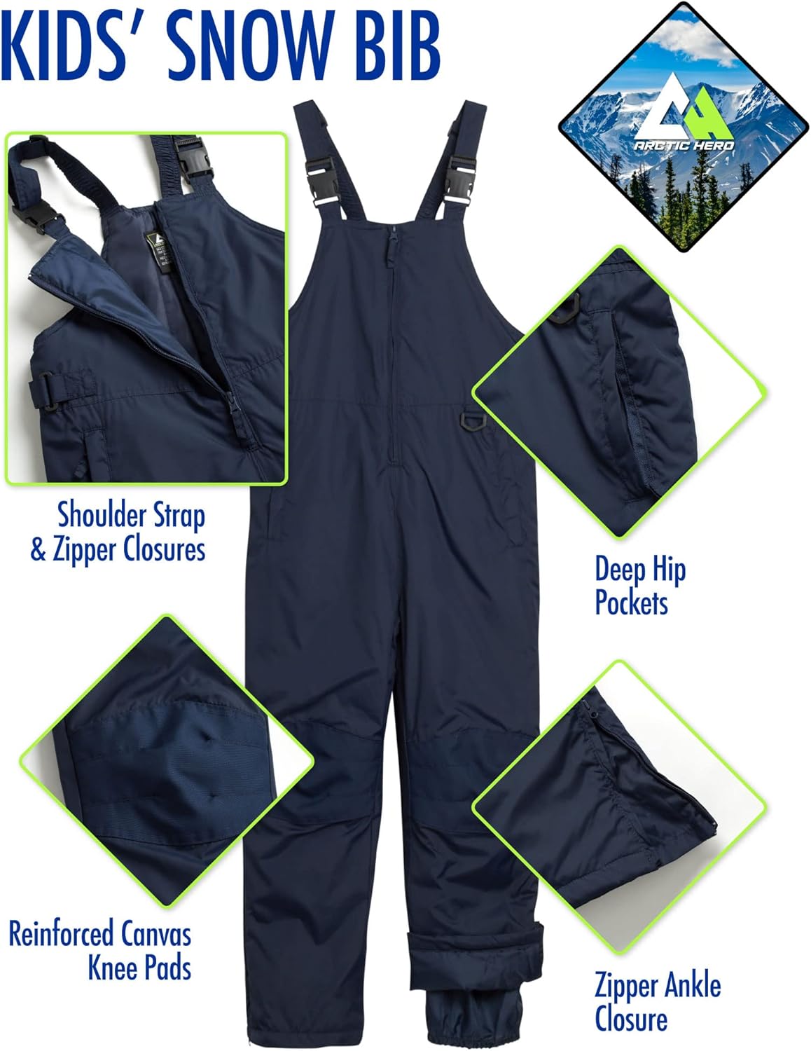 Arctic Hero Kids Snow Bibs - Boys and Girls Weatherproof Insulated Bibs Snow Pants Waterproof Overalls (Sizes 2T-18) 16-18 Marine