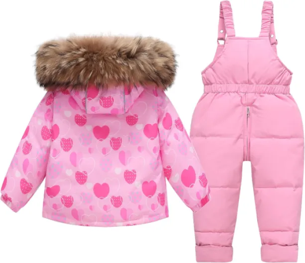 Snowsuits Girls 2-Piece Ski Suits Set, Hooded Puffer Down Jacket & Snow Bib Trousers, Kids Winter Outfit Set Colorful Skisuit 4-5 Years Heart-2