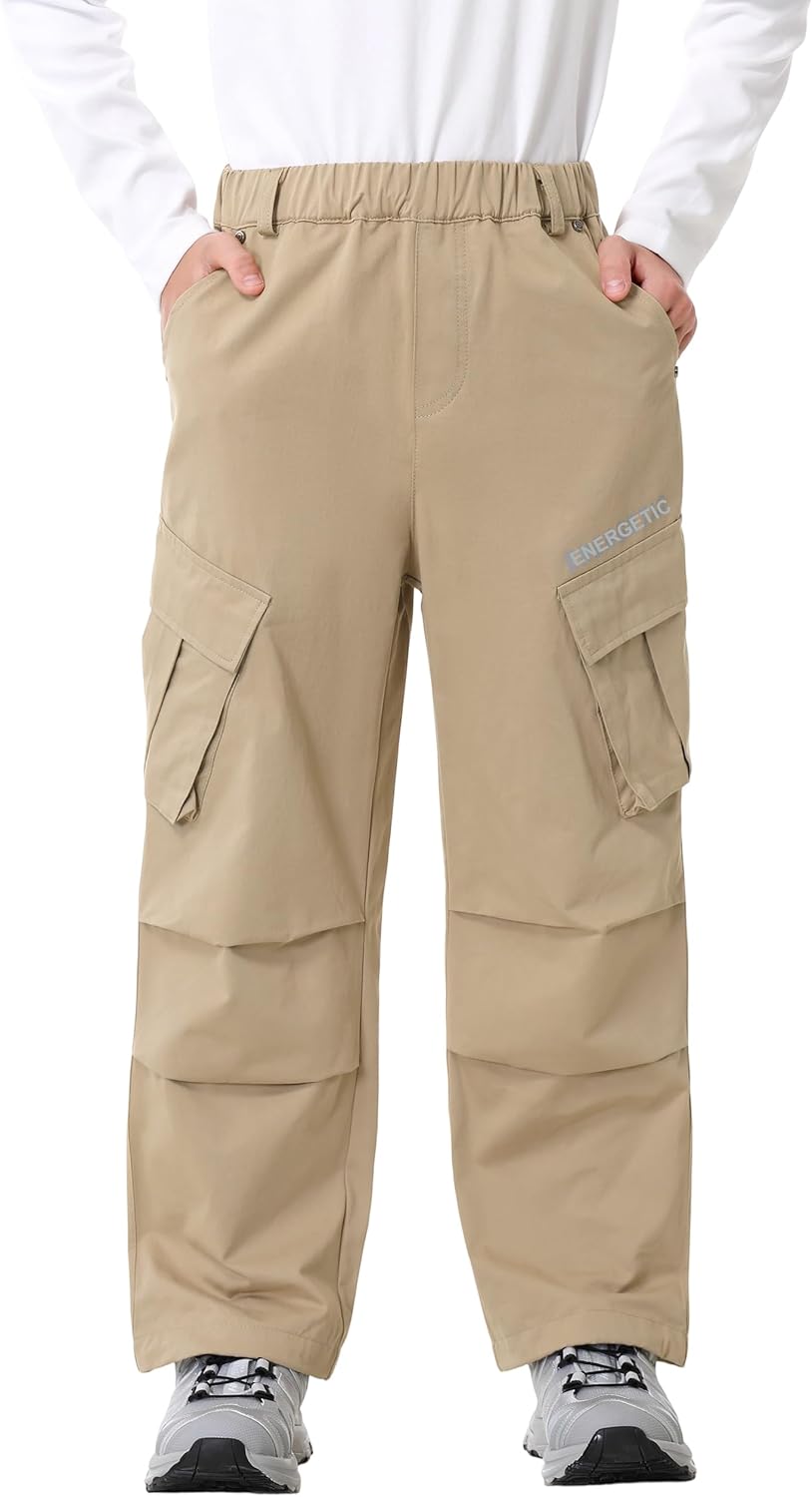 Boys Cargo Trousers, Elastic Waist Cotton Straight Leg Chino Jogger Pants with Multi Pockets for Kids 7-15 Years Khaki 14-15 Years