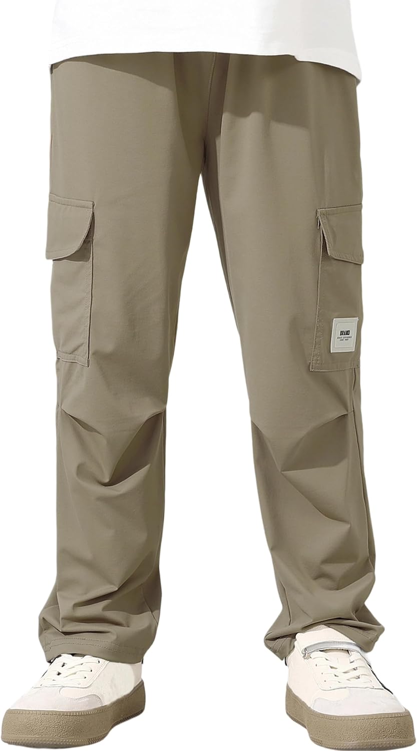 Boys Cargo Joggers, Lightweight Quick Dry Elasticated Waist Trousers Outdoor Sports Pants with Multipockets for Kids Khaki 10-11 Years