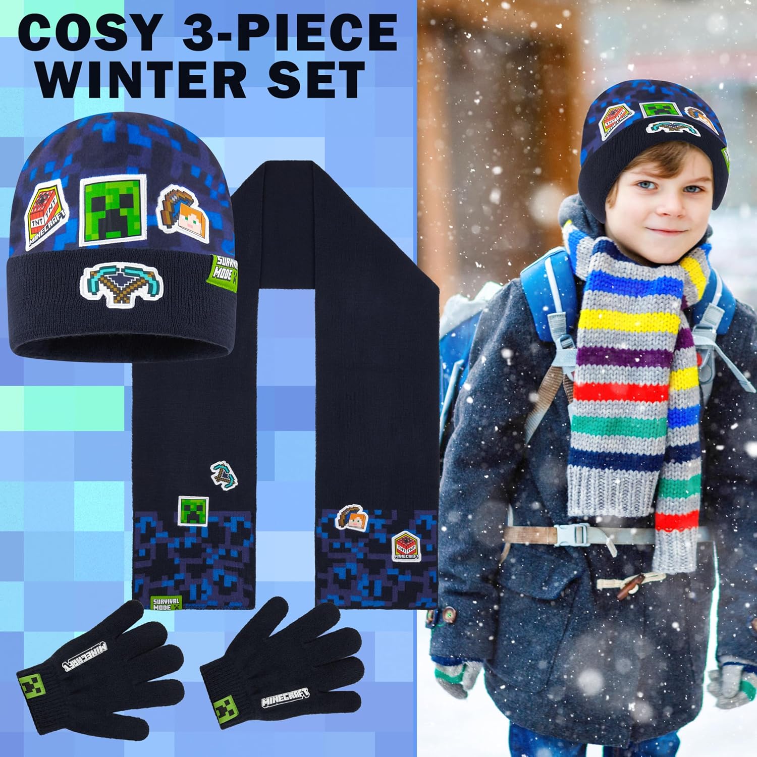 Minecraft Winter Accessories Set for Boys & Teens 6-14 Years, 1 2 or 3 Pcs Set, Scarf Winter Hat & Gloves, Gifts for Gamers 6-14 Years Blue Hat Scarf Gloves