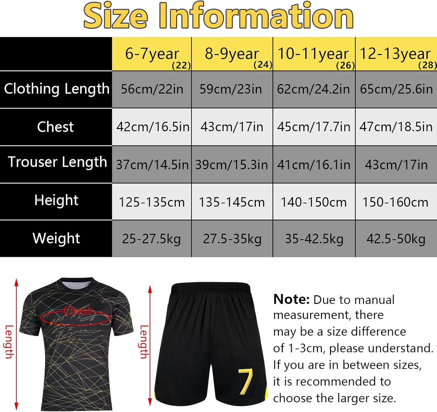 Kids Football Training Shirts & Shorts, Socks, Guard Plates & Keychains - 2023/24 Home & Away Jerseys for Boys & Girls 7-Black Gold 10-11 Years