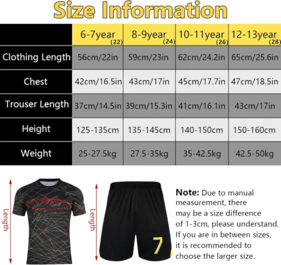 Kids Football Training Shirts & Shorts, Socks, Guard Plates & Keychains - 2023/24 Home & Away Jerseys for Boys & Girls 7-Black Gold 10-11 Years