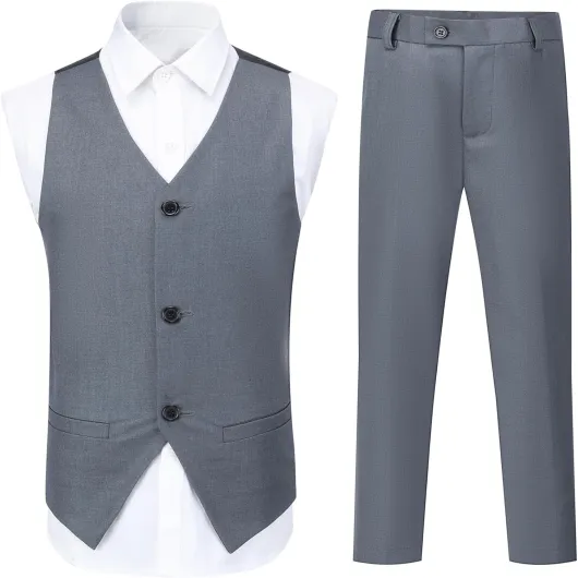Boys 3 Piece Suits One Button Lapel Collar Suits Wedding Birthday Party Prom Performance Suit Blazer Vest Trousers Multicolour Grey 8 Years
