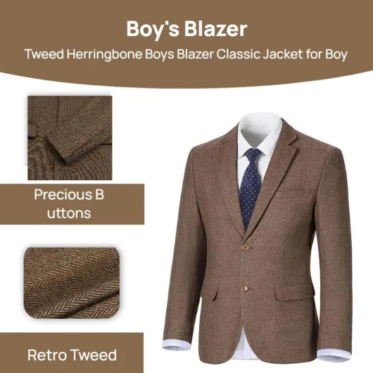 Tweed Herringbone Boys Blazer Classic Jacket for Boy Casual Jacket Formal Tweed Patterned Sport Coat 7 Deep Brown
