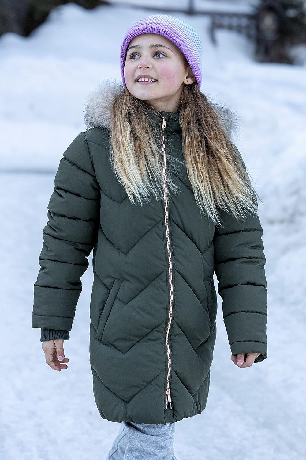 Galaxy Fleece Lined Kids Padded Jacket - Water Resistant Puffer Coat with Faux Fur Hood, Girls & Boys - For Autumn, Winter, Travelling, Hiking 5-6 Years Dark Khaki
