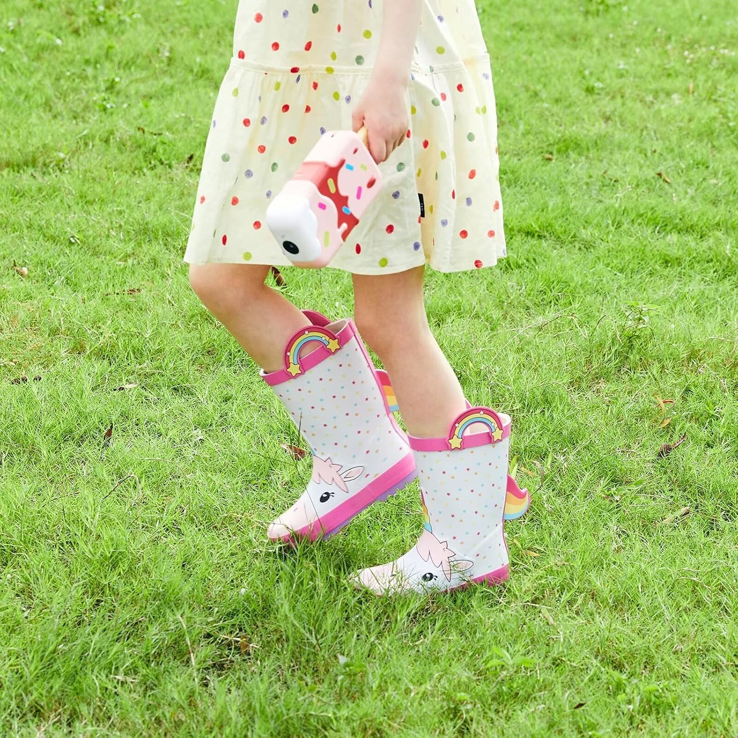 Toddler Wellies Kids Rubber Wellington Boots Waterproof Rain Boots for Boys and Girls with Handles in Fun Pattern 11 UK Child Unicorn