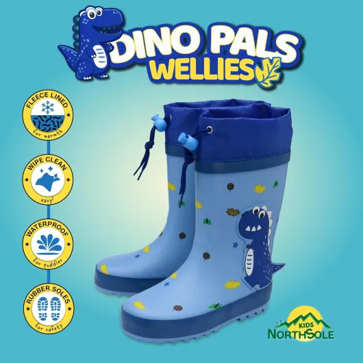 Kids Wellies with Drawstring Closure – Waterproof Rubber Rain Boots for Boys Non-Slip Soles Toddler & Child Sizes 5–12 9 UK Child Dinosaur Light Blue