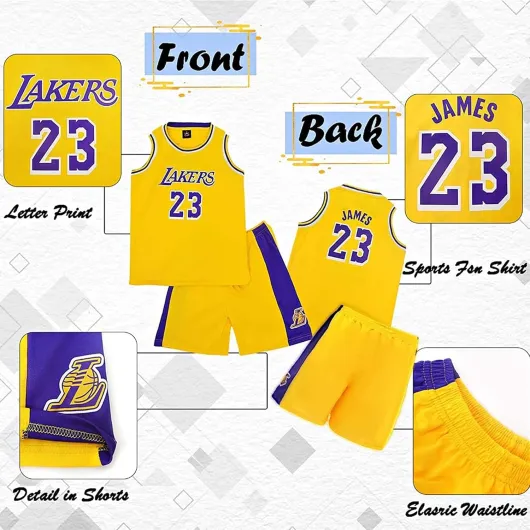 Basketball Jersey Kit Kids #23 Fans Jersey Boys Sweatshirt Sleeveless Boys Basketball Vest Tops and Sports Shorts Set Tracksuit S Yellow