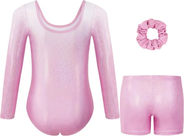Girls Three-Piece Gymnastics Leotards, Long Sleeve Gymnastics Set with Shorts and Hairband, Sparkling Ballet Dancing Unitards - Gymnastics Outfit with Gradient Color Design for 3-12 Years Gradient Pink 110(100-110 cm,5-6Y)
