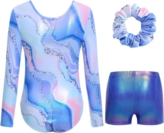 Gymnastics Leotards for Girls with Shorts Set, Long Sleeve Kids Gymnastics Athletic Outfit for Kids 3-12 Years 11-12 Years Purple Pink Marble-Set