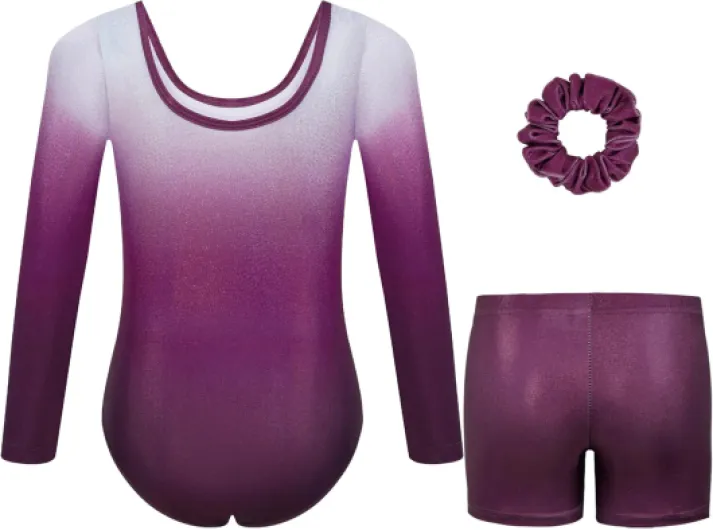 Girls Three-Piece Gymnastics Leotards, Long Sleeve Gymnastics Set with Shorts and Hairband, Sparkling Ballet Dancing Unitards - Gymnastics Outfit with Gradient Color Design for 3-12 Years Gradient Purple 120(110-120 cm,6-7Y)