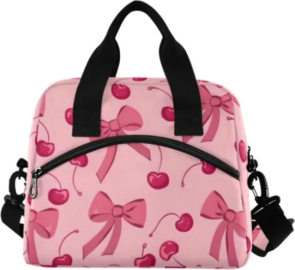 Mnsruu Pink Bow Cherry Insulated Lunch Bag for Women Kids Reusable Leakproof Children's Cooler Bag Lunch Box Bags for Work School BBQ Picnic Red Bow