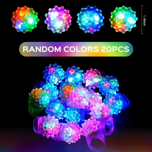 20Pcs Light Up LED Bumpy Jelly Rings - Flashing Finger Lights, Glow in the Dark Toys for Birthday, Christmas Party Favors, Classroom Rewards, Gifts