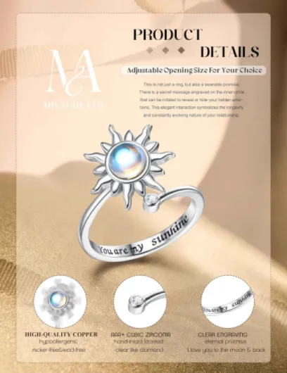 Fidget Ring for Women Kids Girls Anxiety Rings Open Adjustable Silver Sunflower Opal Moonstone Star Moon Snow Lotus Spinner Mood Rings Knuckle Rings Jewellery Blue Sun