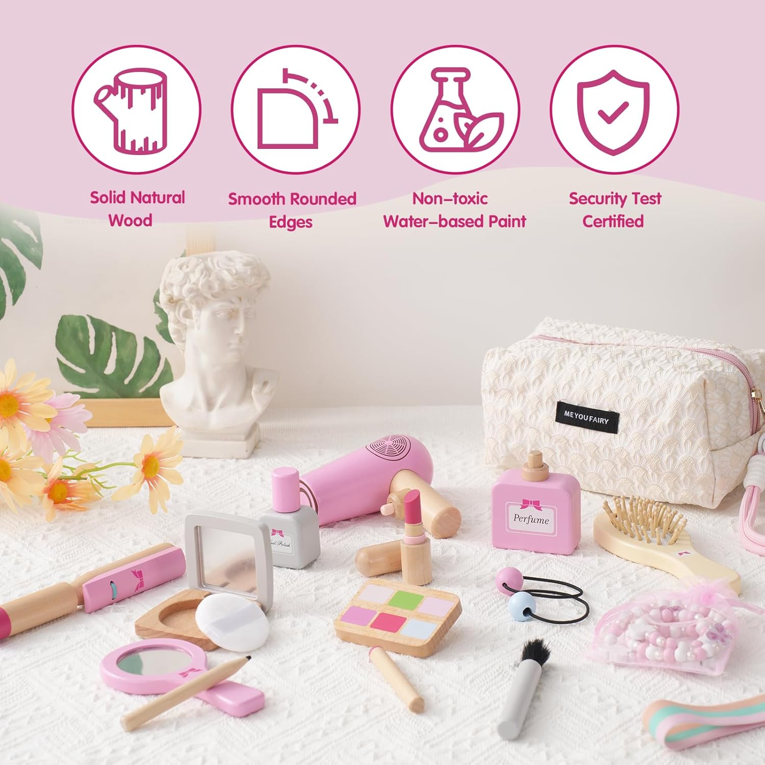 Wooden Pretend Makeup Hairdressing and Jewelry Set for Toddler Girls, Fake Wooden Cosmetics with Handbag, Children Role Play Toys, Birthday Gift for 3 4 5 6 Years