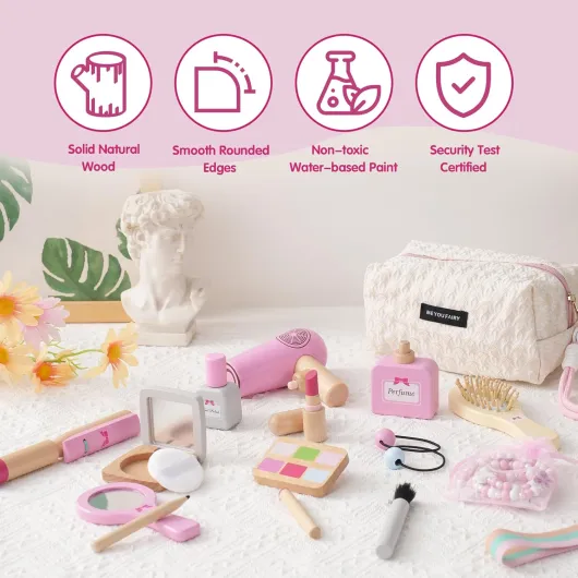 Wooden Pretend Makeup Hairdressing and Jewelry Set for Toddler Girls, Fake Wooden Cosmetics with Handbag, Children Role Play Toys, Birthday Gift for 3 4 5 6 Years