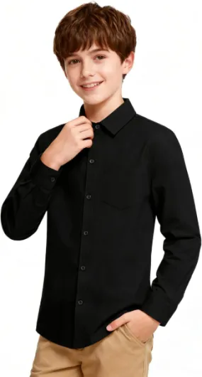 Boys Long Sleeve School Shirt Cotton White Uniform Shirt Button-Down Dress Shirts with Front Pocket for Kids 7-14 Years Black 13-14 Years