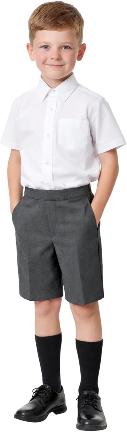 School Stitch® Boys School Shorts, Pack of 2 Waist Adjuster with Half Elastic Back Pull On Knee Length Shorts with Pockets, Kids Teflon Coated Plain Black Short Pants, School Uniform Boys Ages 2-13 Grey 9-10 Years