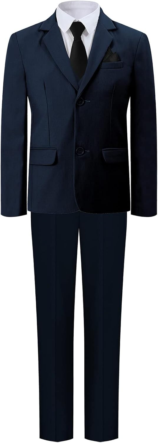 6pcs Boys Suits Set, Blazer & Trousers & Waistcoat & Shirt & Tie with Pocket Square, 5-13 Years 11-12 Years Dark Navy