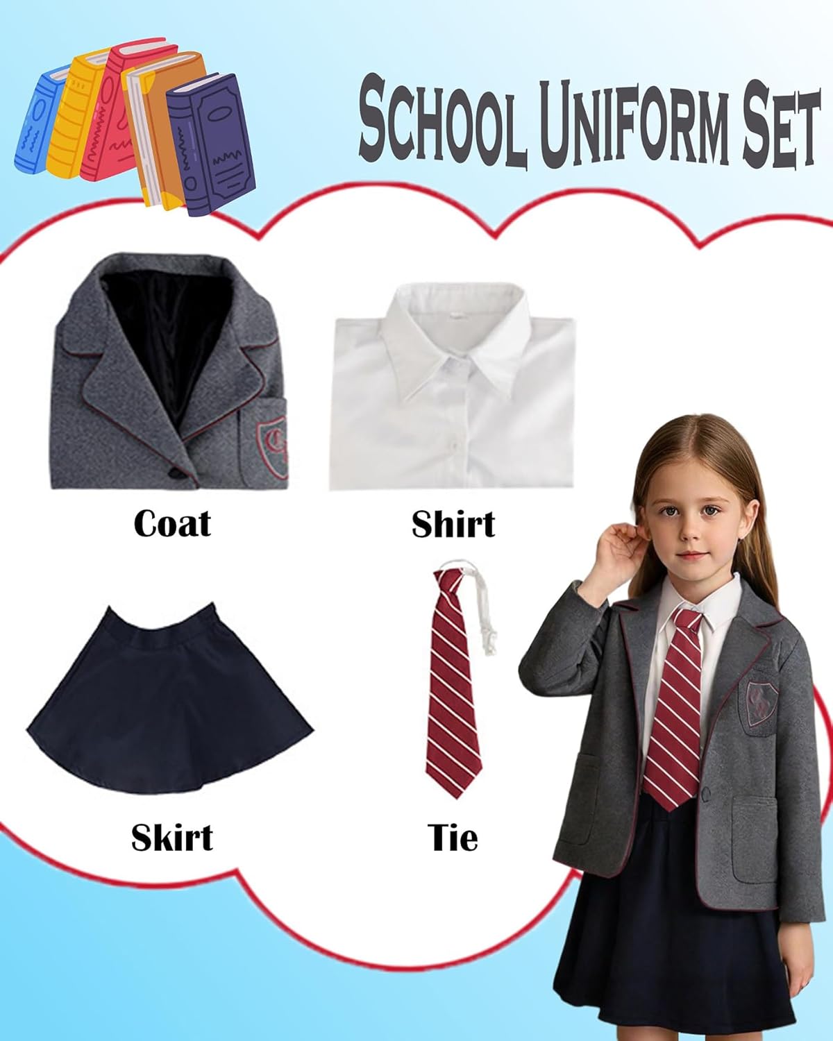 Girls Book Character Costume School Uniform Outfits - Grey Jacket, White Shirt, Black Skirt & Necktie, Roald Dahl World Book Day Costumes for Kids Grey 120