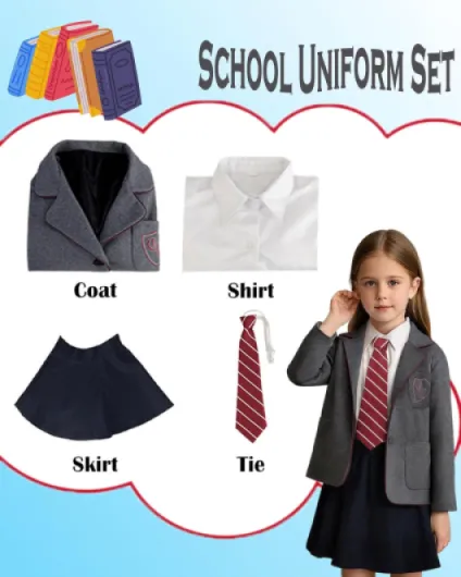 Girls Book Character Costume School Uniform Outfits - Grey Jacket, White Shirt, Black Skirt & Necktie, Roald Dahl World Book Day Costumes for Kids Grey 120
