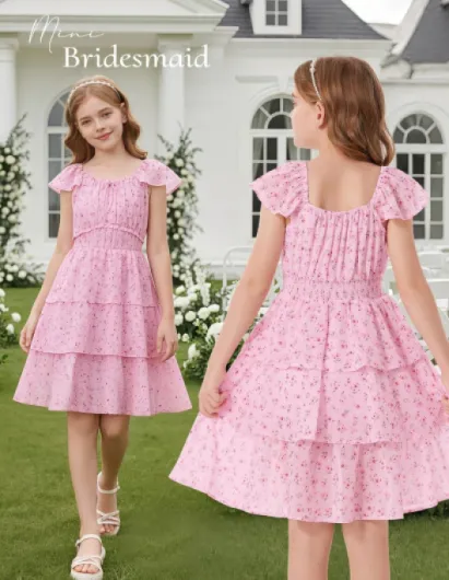 Girls Summer A-Line Tiered Floral Dress, Ruffle Sleeve Square Neck Midi Flower Girl Party Dresses 6-14 Years 12-13 Years Pink Flowers