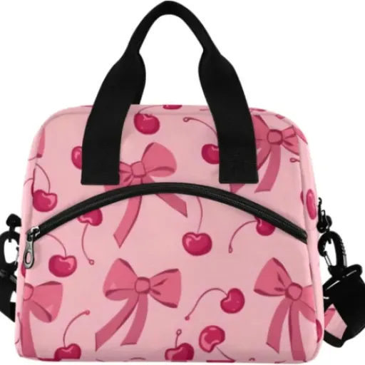 Mnsruu Pink Bow Cherry Insulated Lunch Bag Review: cute design, basic but practical cooler for everyday use