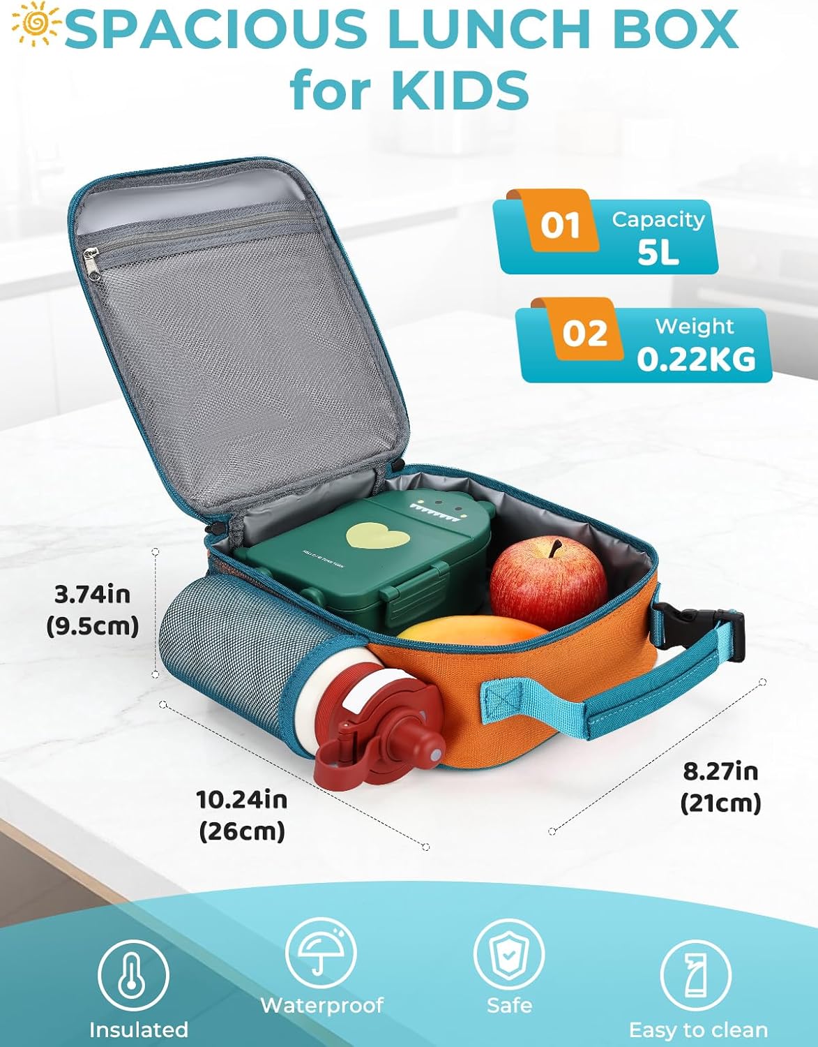 Lunch Bag for Kids, Insulated Lunch Box Bag with Bottle Holder for Toddlers Boys, Snack Carrier with Hands-Free Clip in Teal & Orange