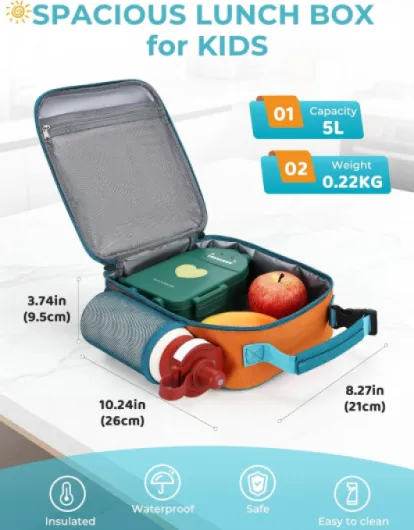 Lunch Bag for Kids, Insulated Lunch Box Bag with Bottle Holder for Toddlers Boys, Snack Carrier with Hands-Free Clip in Teal & Orange