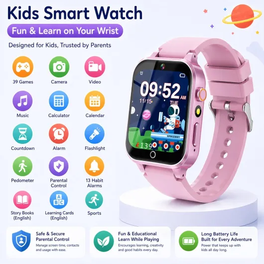 Kids Smart Watch with Games & Camera for Boys Girls 4-12 - Storybooks & learning cards, 39 games, MP3, video, alarm, flashlight, step counter, 3-7 day battery, 24h support Pink