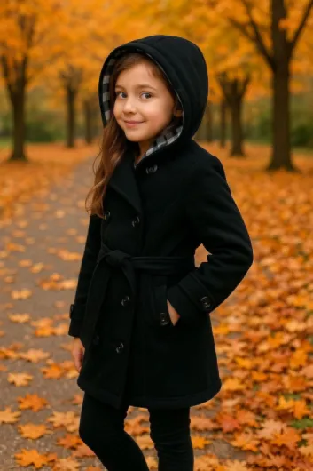 Girls Parka Jacket Hooded Trench Coat Wool Blends Warm Padded 11-12 Years Black