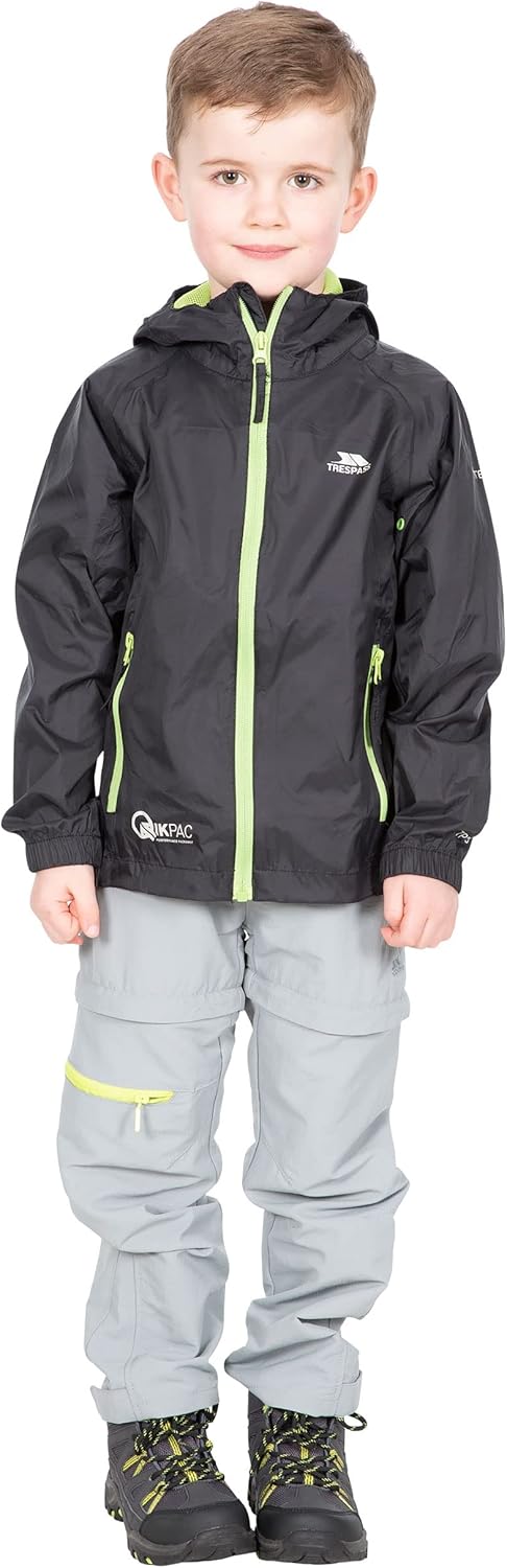 Kids Jacket Qikpac - Waterproof, Breathable, School Raincoat, 2 Zip Pockets, Full Zip, Adjustable Hood, Storm Flap, Ventilated Back, Lightweight, Packable 11-12 Years Black