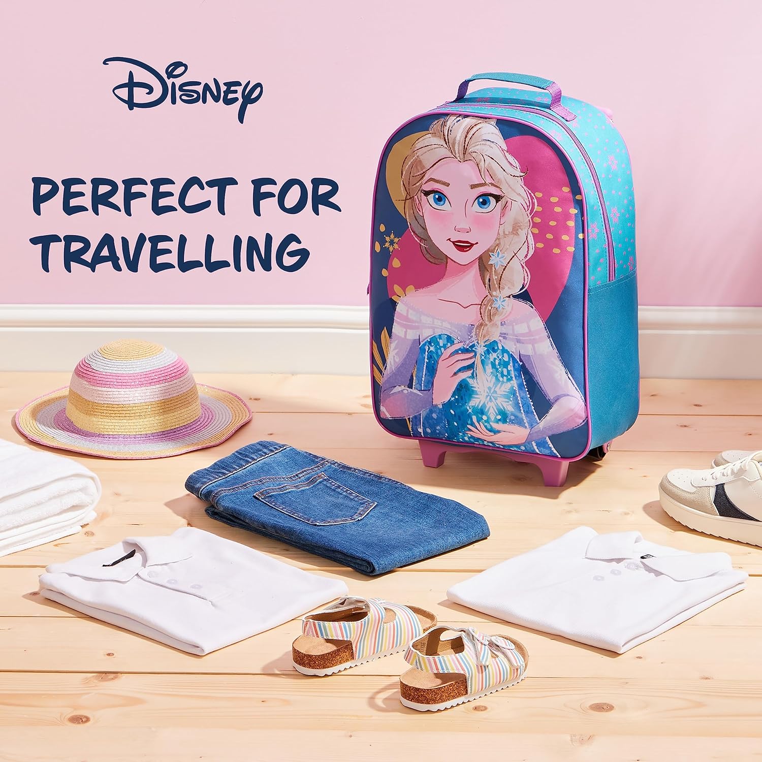 Kids Suitcase - Foldable Trolley Bag 47 x 30cm, 2 Wheels Extendable Handle - Kids Gifts (Blue Elsa)