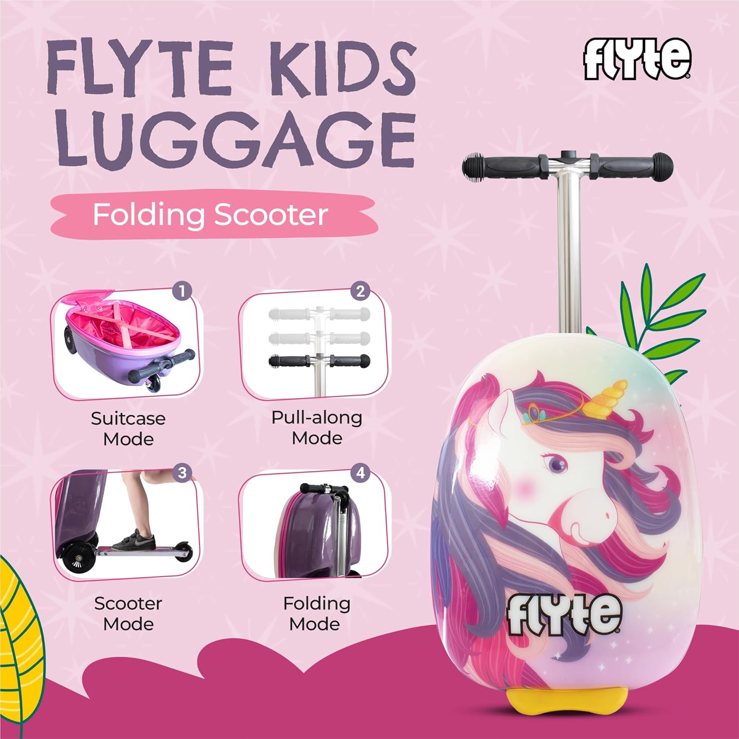 Scooter 2-in-1 Suitcase Scooter Kids – Kids Ride on Suitcase, Easy-Glide Wheels, Ride on Luggage, 18-Inch, 25 Litre Capacity for Boys and Girls Aged 3+, Light Up Wheels Luna the Unicorn