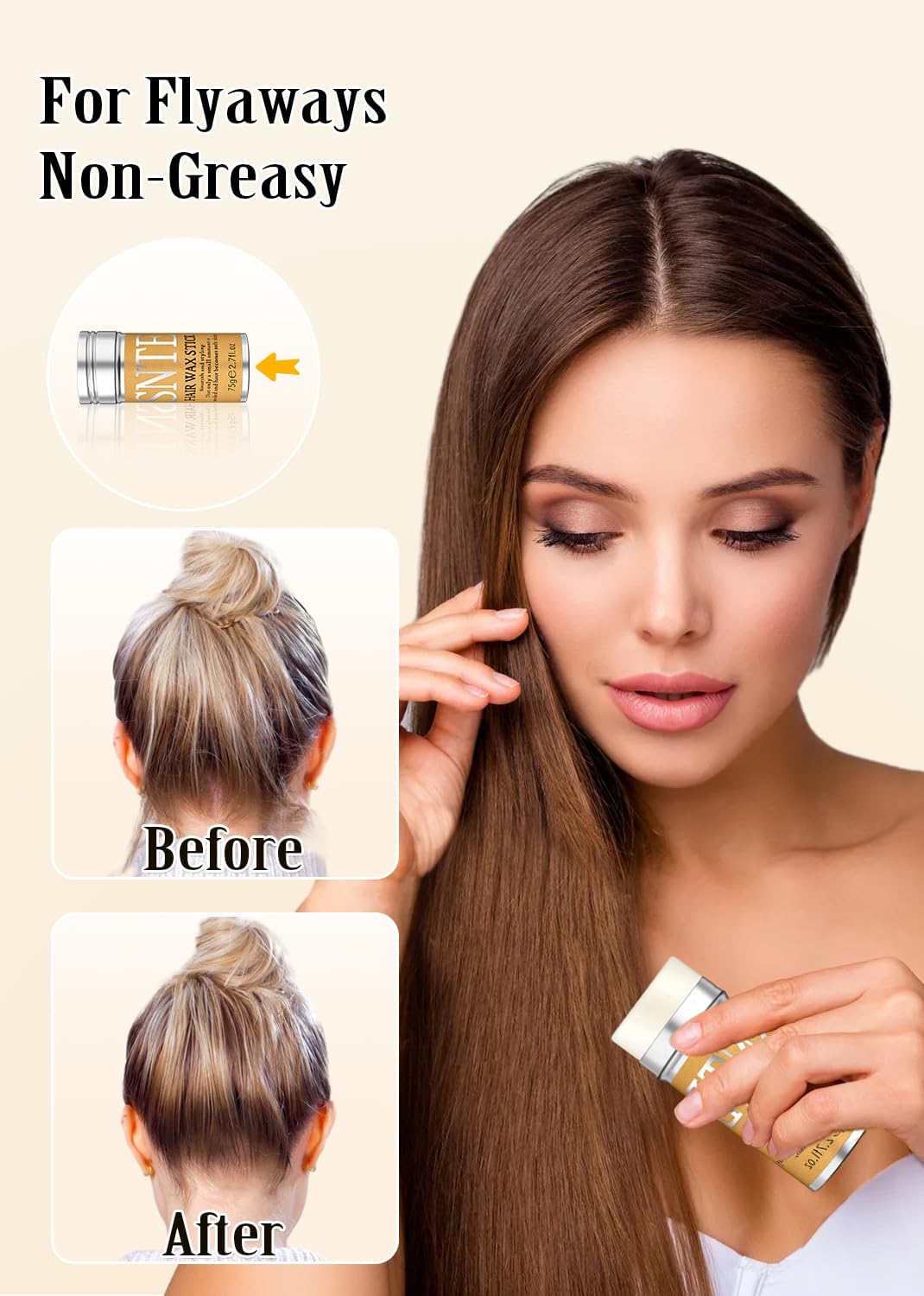 Hair Wax Stick & Slick Back Hair Brush Set, Non-greasy Styling Wax Stick, Slick Back Brush for Smoothing Flyaways & Frizz, Styling Comb Set - Bun Accessories for Women, Teen Girls 4 Pieces (Black)